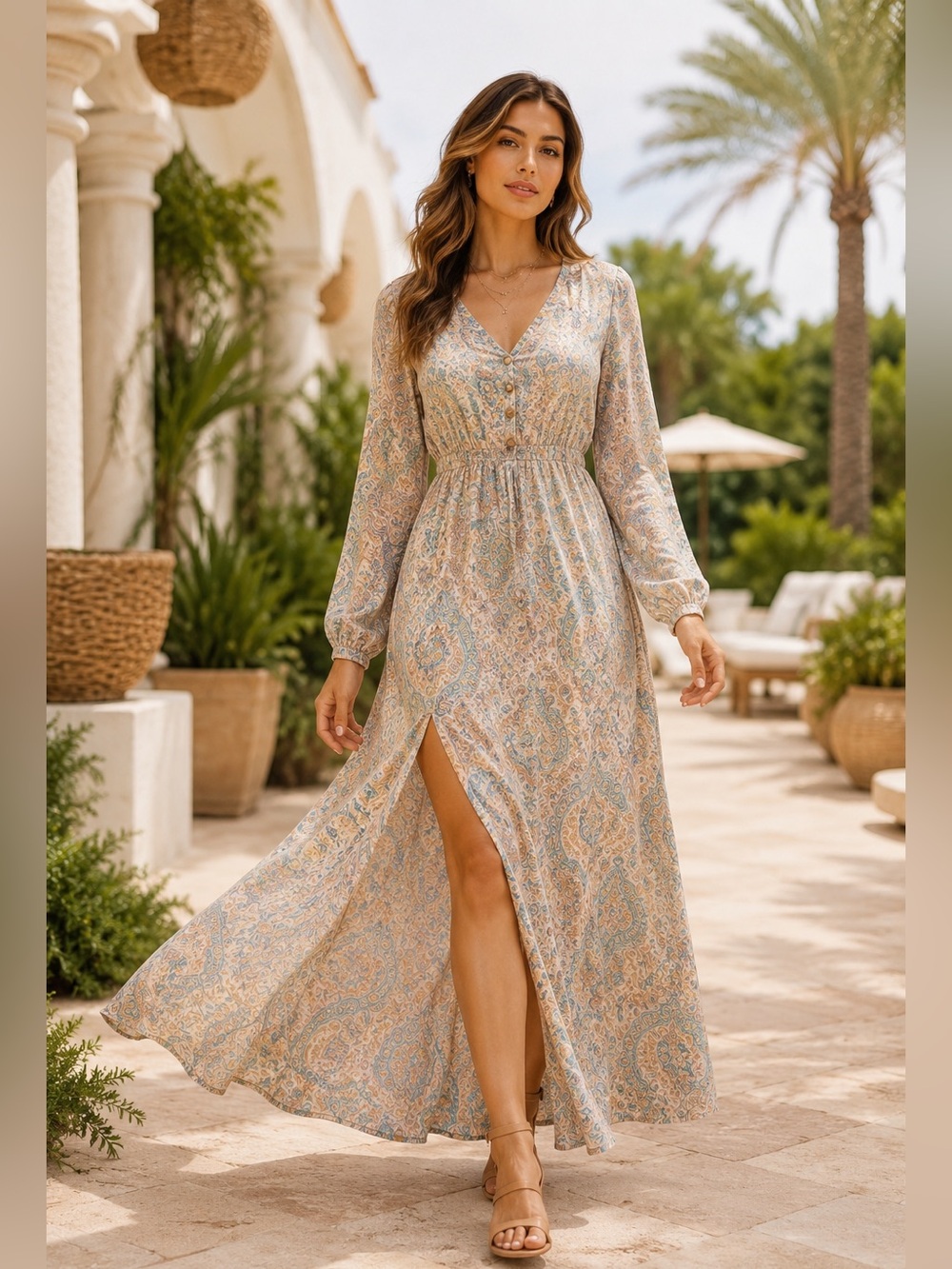 Boho Prairie Paisley Maxi Dress Slit Sleeve Romantic Resort Size L/XL
